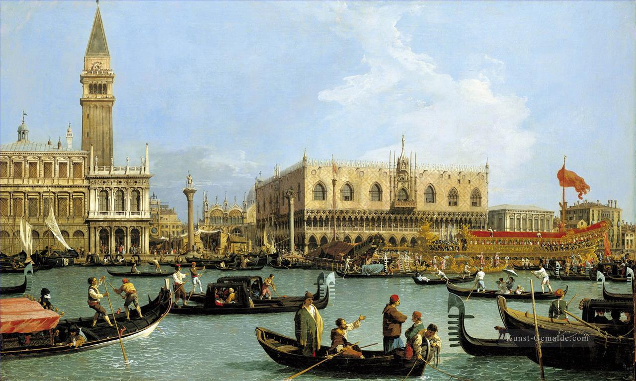 Rückkehr des Bucentaurn zum Molo am Himmelfahrtstag Canaletto Ölgemälde